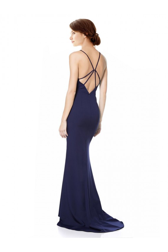 Acquista Blu navy Stile sirena Capestro Alto Collo Crespo Elastico Lunga Formali Abiti da damigella donore / Abiti da sera / Abiti da ballo