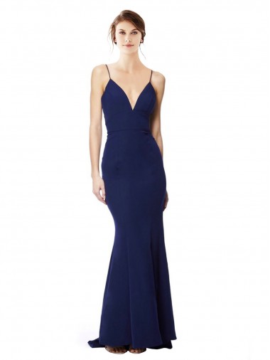 Acquista Blu navy Stile sirena Sottili Alto Collo Crespo Elastico Lunga Formali Abiti da damigella donore / Abiti da sera / Abiti da ballo
