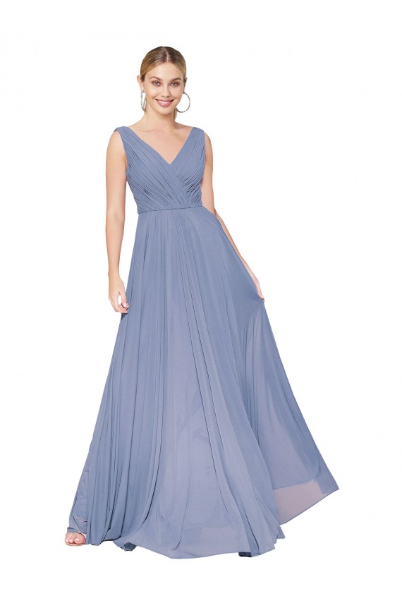 Acquista Blu polveroso Linea A Alto Collo Chiffona Lunga Formali Abiti da damigella donore / Abiti da sera / Abiti da ballo