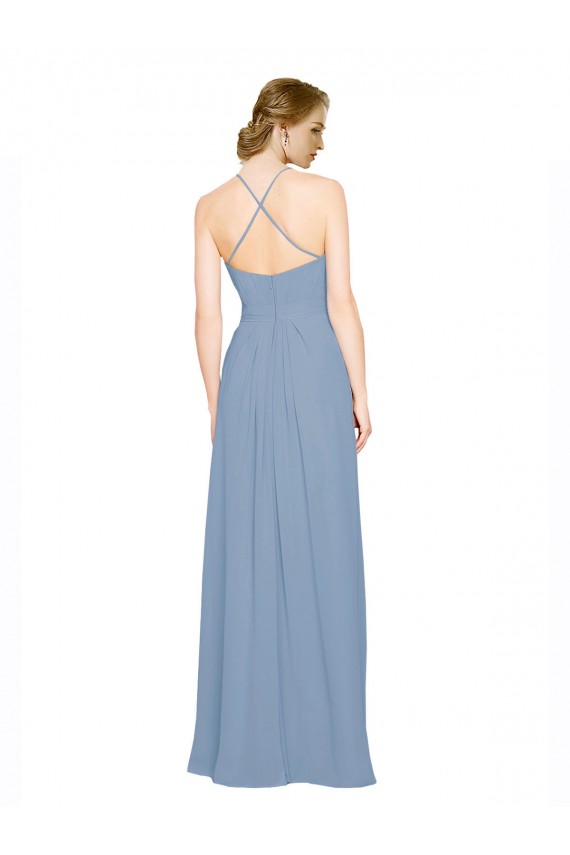 Acquista Blu polveroso Linea A Capestro Alto Collo Chiffona Lunga Abiti da damigella donore