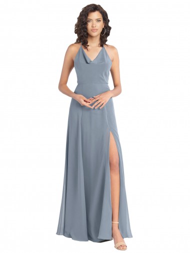 Acquista Blu polveroso Linea A Capestro Cappuccio Chiffona Lunga Abiti da damigella donore