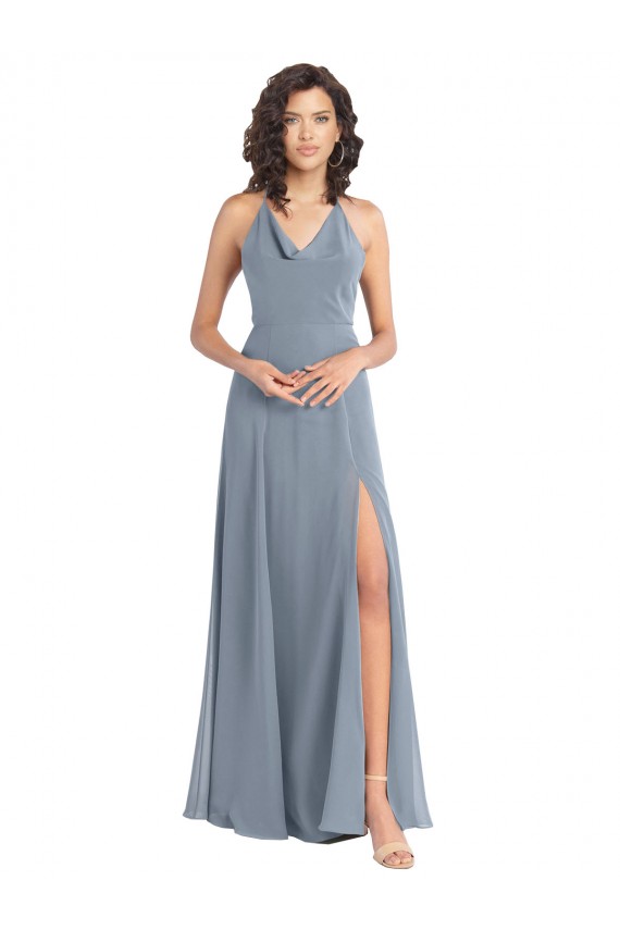 Acquista Blu polveroso Linea A Capestro Cappuccio Chiffona Lunga Abiti da damigella donore