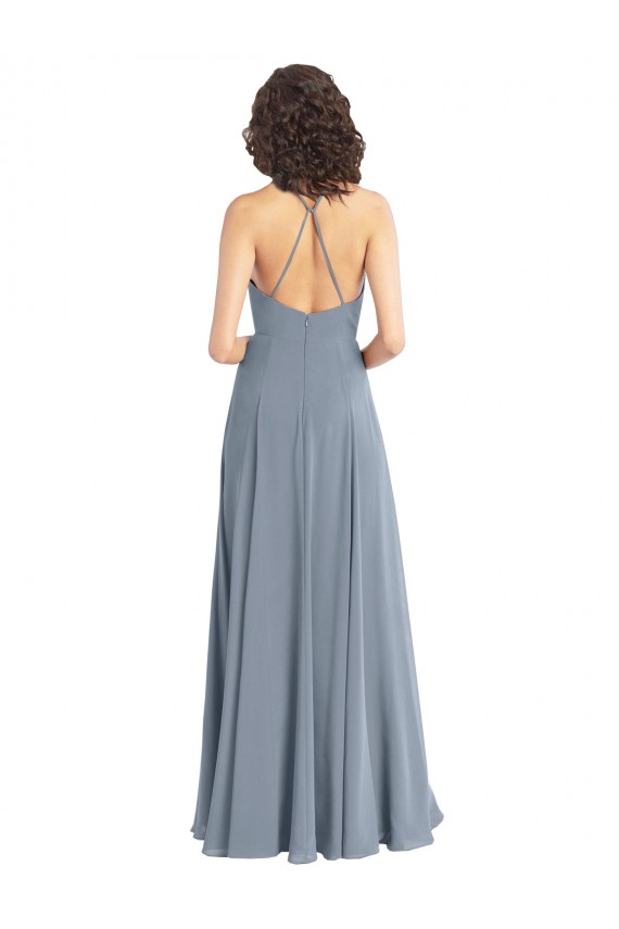 Acquista Blu polveroso Linea A Capestro Cappuccio Chiffona Lunga Abiti da damigella donore