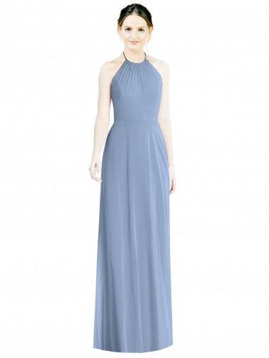 Acquista Blu polveroso Linea A Capestro Chiffona Lunga Abiti da damigella donore