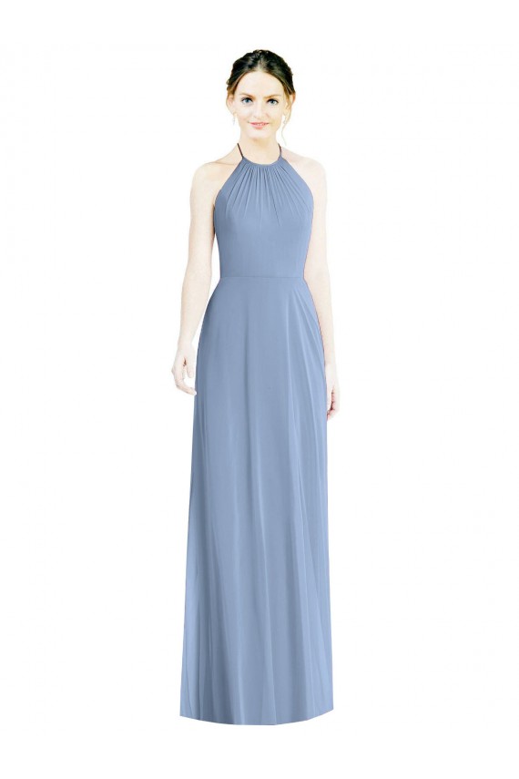 Acquista Blu polveroso Linea A Capestro Chiffona Lunga Abiti da damigella donore