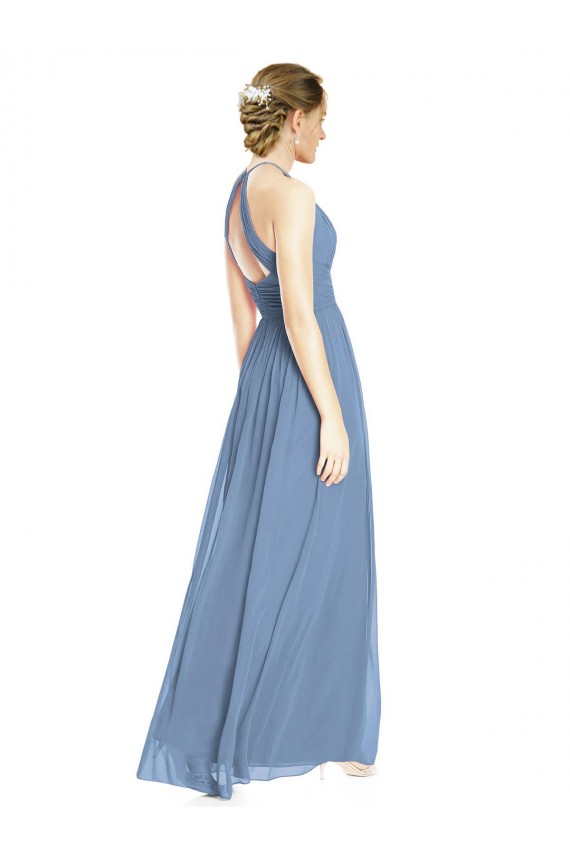 Acquista Blu polveroso Linea A Capestro Chiffona Lunga Abiti da damigella donore