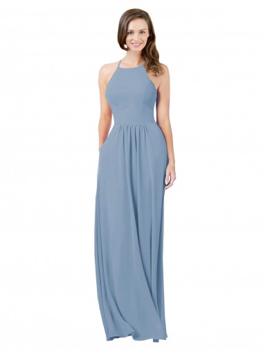 Acquista Blu polveroso Linea A Capestro Chiffona Lunga Abiti da damigella donore