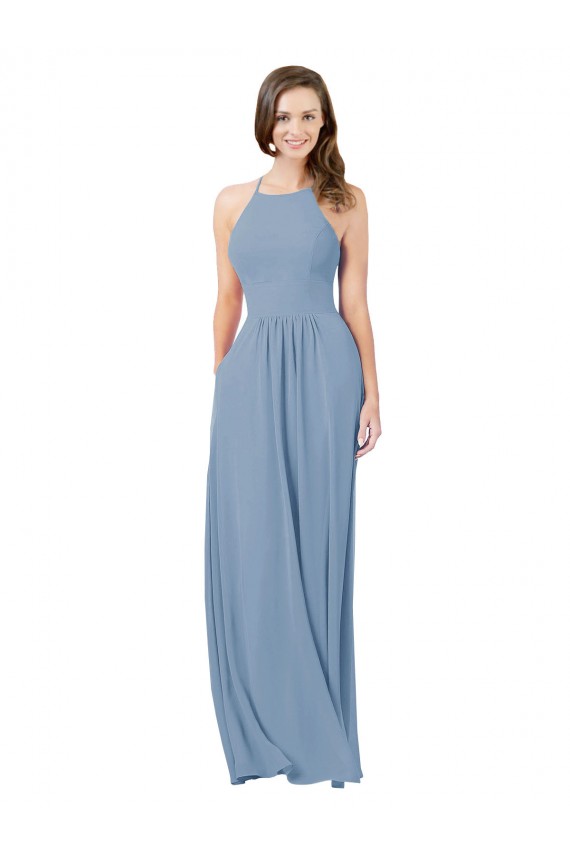 Acquista Blu polveroso Linea A Capestro Chiffona Lunga Abiti da damigella donore