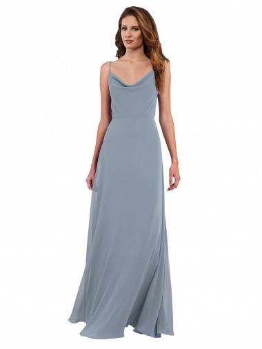 Acquista Blu polveroso Linea A Cappuccio Chiffona Lunga Abiti da damigella donore