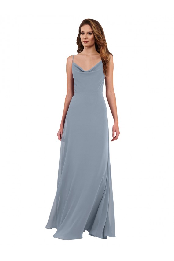 Acquista Blu polveroso Linea A Cappuccio Chiffona Lunga Abiti da damigella donore