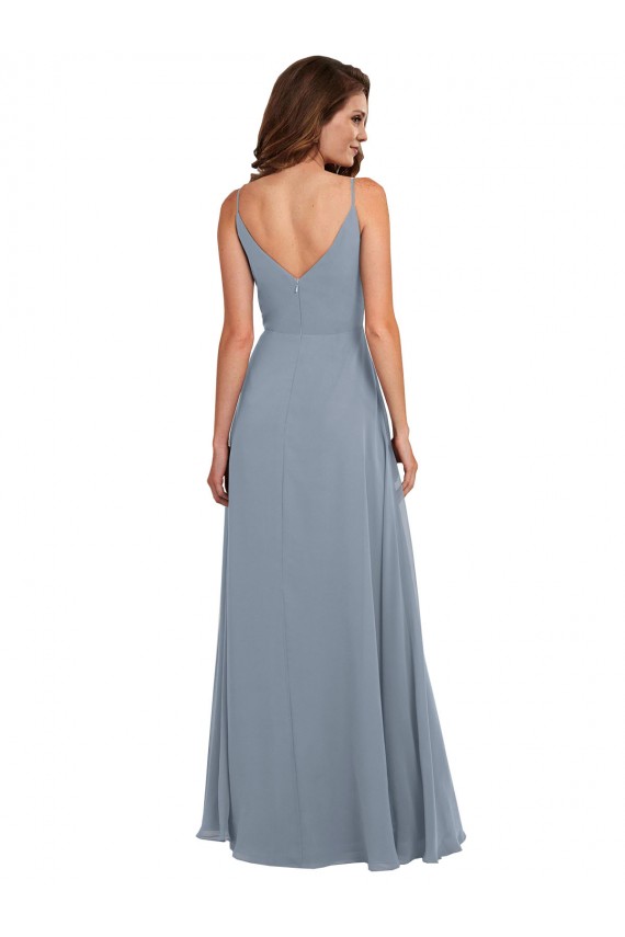 Acquista Blu polveroso Linea A Cappuccio Chiffona Lunga Abiti da damigella donore