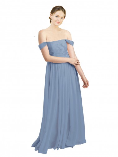 Acquista Blu polveroso Linea A Chiffona Lunga Abiti da damigella donore