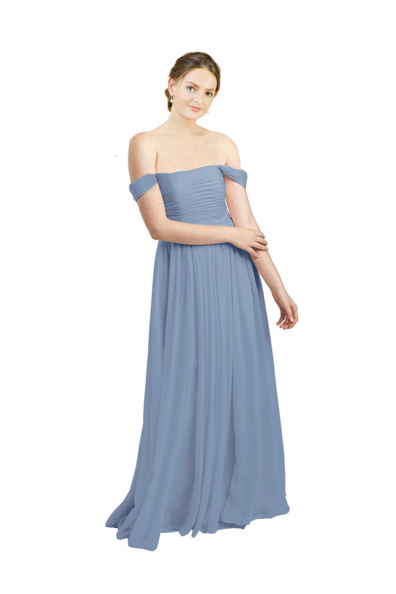Acquista Blu polveroso Linea A Chiffona Lunga Abiti da damigella donore
