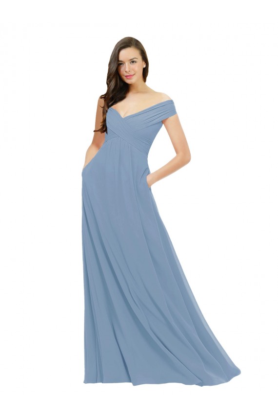 Acquista Blu polveroso Linea A Chiffona Lunga Abiti da damigella donore