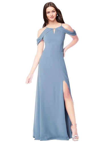 Acquista Blu polveroso Linea A Chiffona Lunga Abiti da damigella donore