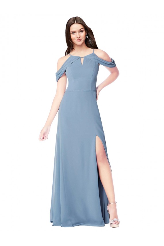Acquista Blu polveroso Linea A Chiffona Lunga Abiti da damigella donore