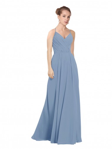 Acquista Blu polveroso Linea A Scollatura a V Chiffona Lunga Abiti da damigella donore