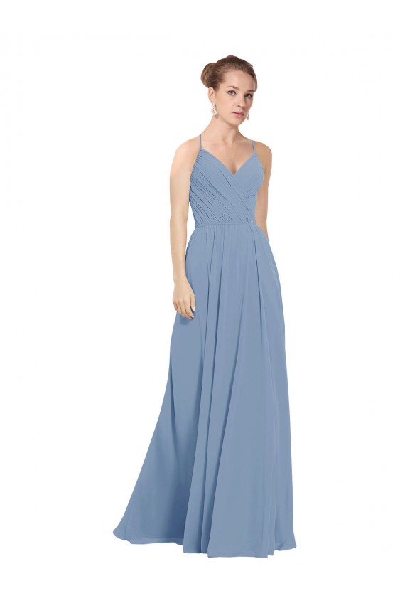 Acquista Blu polveroso Linea A Scollatura a V Chiffona Lunga Abiti da damigella donore