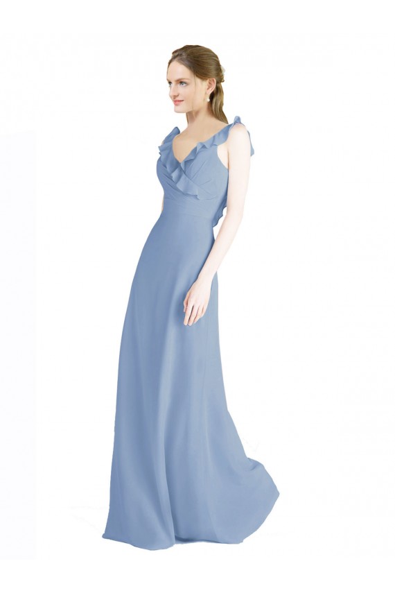 Acquista Blu polveroso Linea A Scollatura a V Chiffona Lunga Abiti da damigella donore