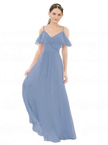 Acquista Blu polveroso Linea A Scollatura a V Chiffona Lunga Abiti da damigella donore