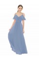 Acquista Blu polveroso Linea A Scollatura a V Chiffona Lunga Abiti da damigella donore