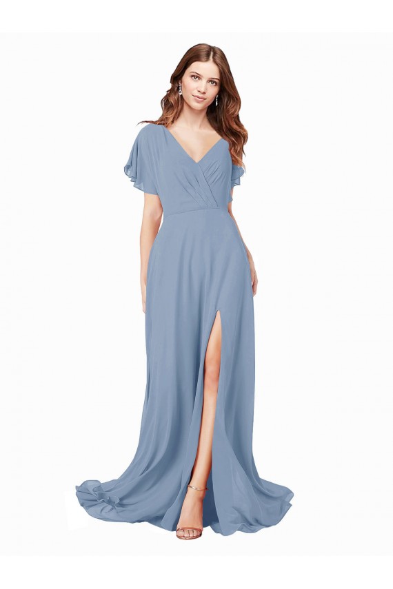 Acquista Blu polveroso Linea A Scollatura a V Chiffona Lunga Abiti da damigella donore / Abiti da ballo
