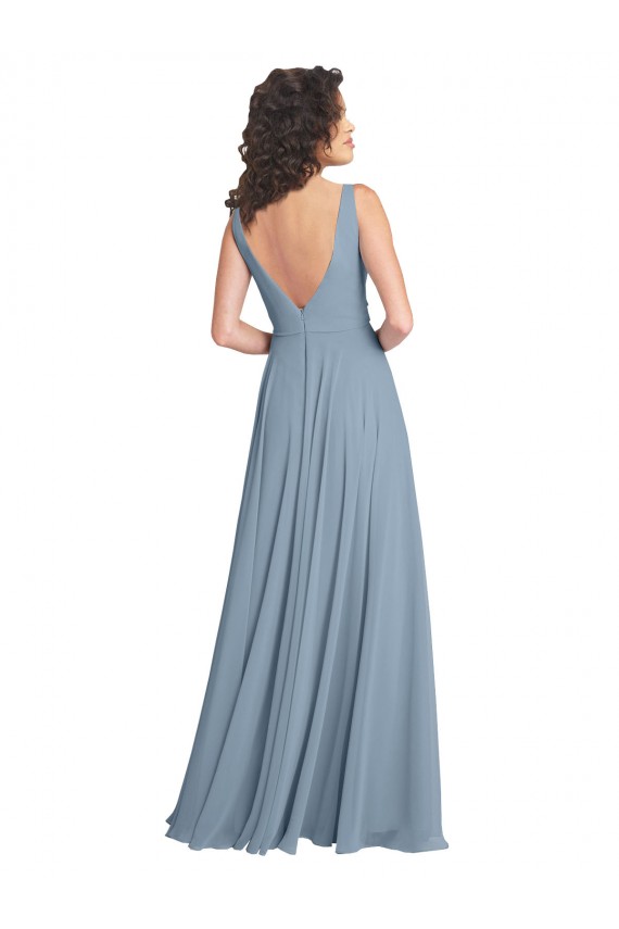Acquista Blu polveroso Linea A Scollatura a V Chiffona Lunga Abiti da damigella donore