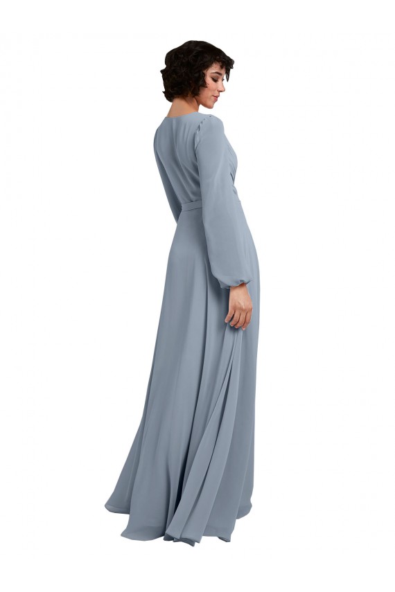 Acquista Blu polveroso Linea A Scollatura a V Chiffona Lunga Abiti da damigella donore