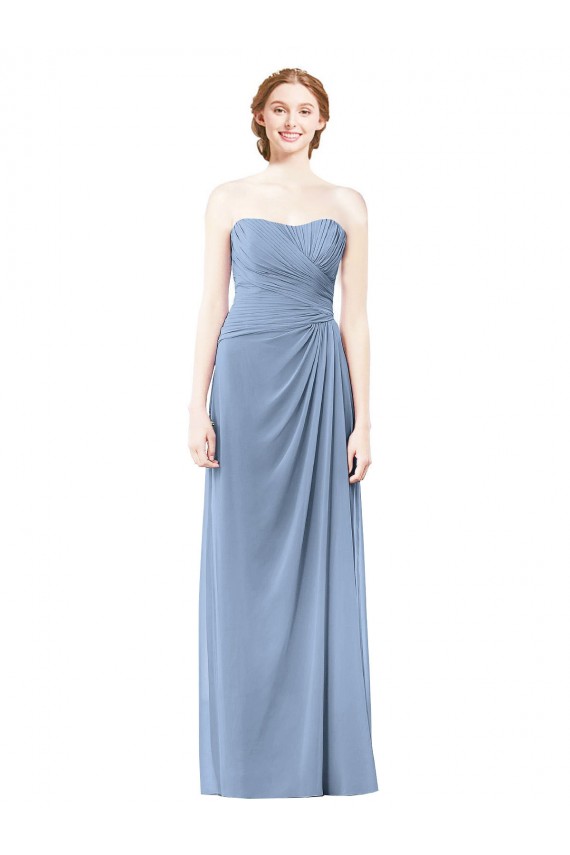 Acquista Blu polveroso Linea A Senza spalline Chiffona Lunga Abiti da damigella donore