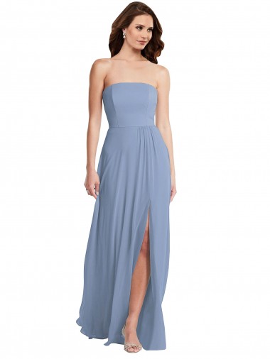 Acquista Blu polveroso Linea A Senza spalline Chiffona Lunga Abiti da damigella donore