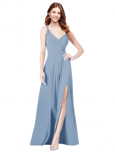 Acquista Blu polveroso Linea A Sottili Scollatura a V Chiffona Lunga Abiti da damigella donore