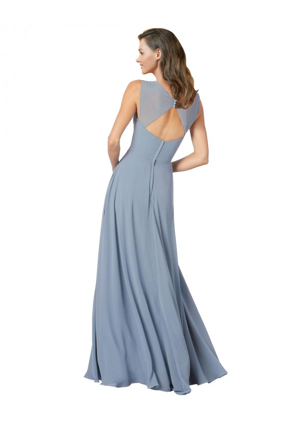 Acquista Blu polveroso Linea A Sottili Scollatura a V Chiffona Lunga Abiti da damigella donore