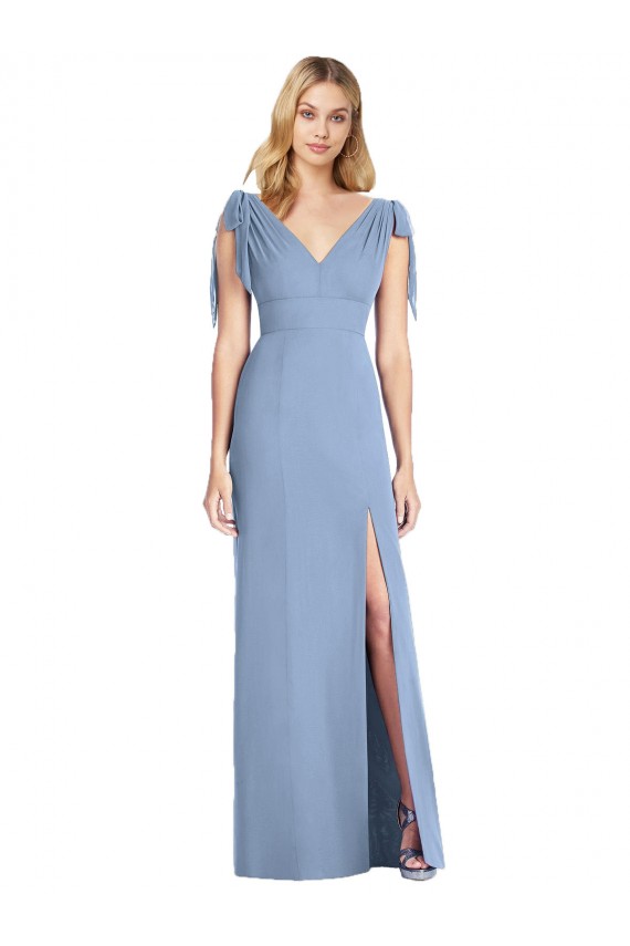 Acquista Blu polveroso Stile sirena Scollatura a V Chiffona Lunga Abiti da damigella donore