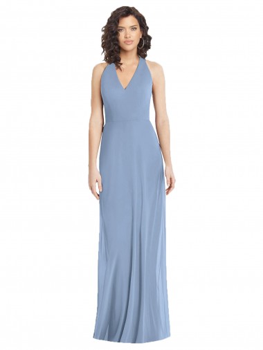 Acquista Blu polveroso Tromba Capestro Scollatura a V Chiffona Lunga Formali Abiti da damigella donore / Abiti da sera