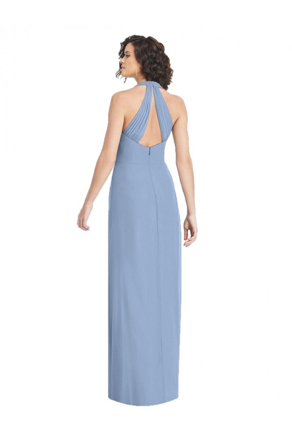 Acquista Blu polveroso Tromba Capestro Scollatura a V Chiffona Lunga Formali Abiti da damigella donore / Abiti da sera
