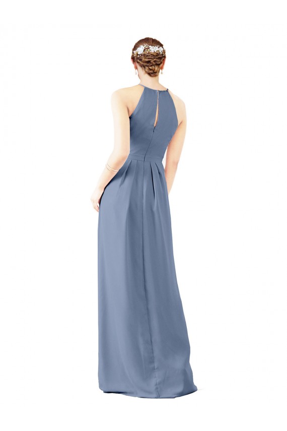 Acquista Blu polveroso Tubino Capestro Alto Collo Chiffona Lunga Abiti da damigella donore