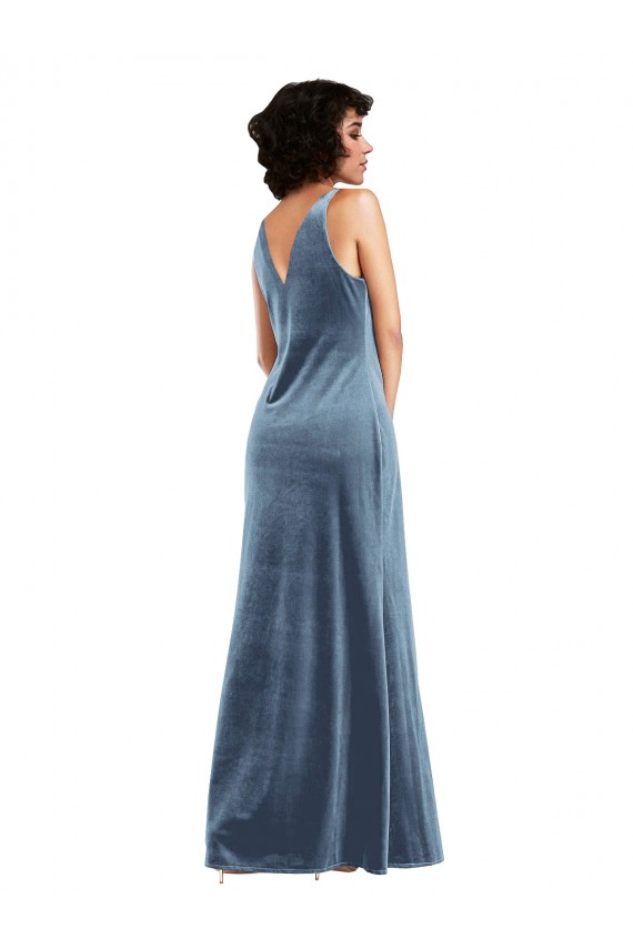 Acquista Blu polveroso Tubino Cappuccio Velluto Elastico Lunga Abiti da damigella donore / Abiti da ballo