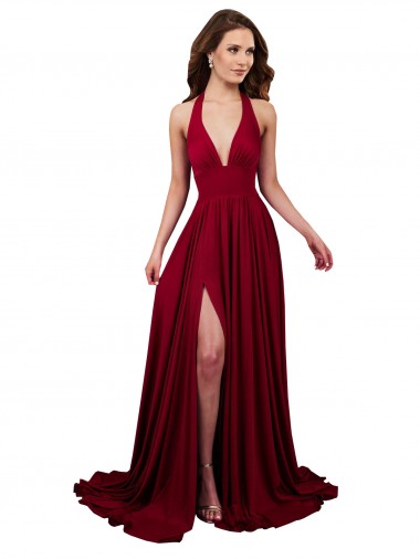 Acquista Borgogna Linea A Capestro Scollatura a V Spandex Lunga Formali Abiti da damigella donore / Abiti da sera / Abiti da ballo