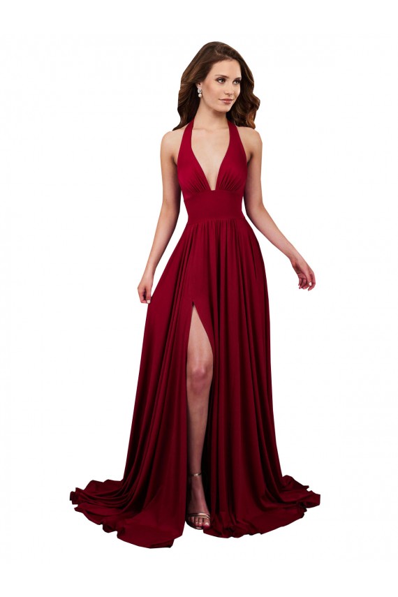 Acquista Borgogna Linea A Capestro Scollatura a V Spandex Lunga Formali Abiti da damigella donore / Abiti da sera / Abiti da ballo