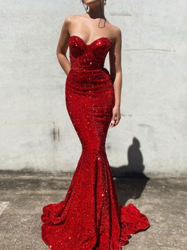 Acquista Borgogna Stile sirena Innamorato Paillettes Velluto Lunga Abiti da ballo
