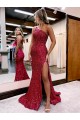 Acquista Borgogna Stile sirena Una spalla Sweep treno Paillettes Velluto Lunga Abiti da ballo