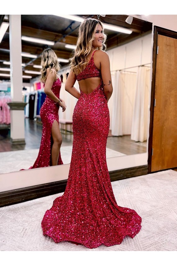Acquista Borgogna Stile sirena Una spalla Sweep treno Paillettes Velluto Lunga Abiti da ballo