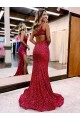 Acquista Borgogna Stile sirena Una spalla Sweep treno Paillettes Velluto Lunga Abiti da ballo