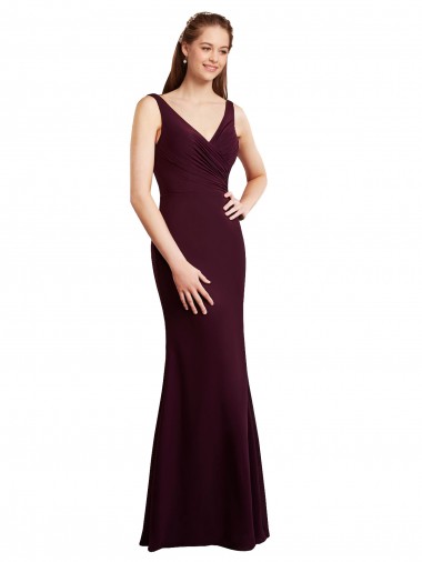 Acquista Borgogna scuro Stile sirena Scollatura a V Chiffona Lunga Abiti da damigella donore