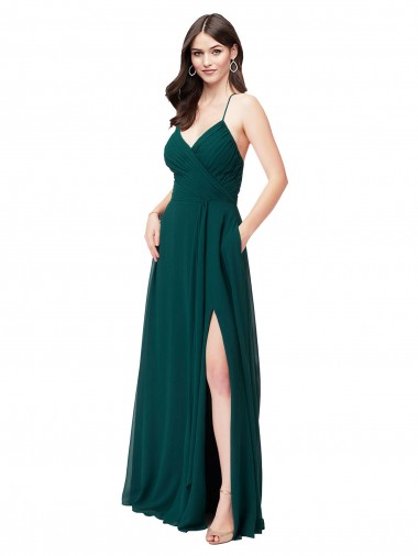 Acquista Cacciatore verde Linea A Scollatura a V Chiffona Lunga Abiti da damigella donore