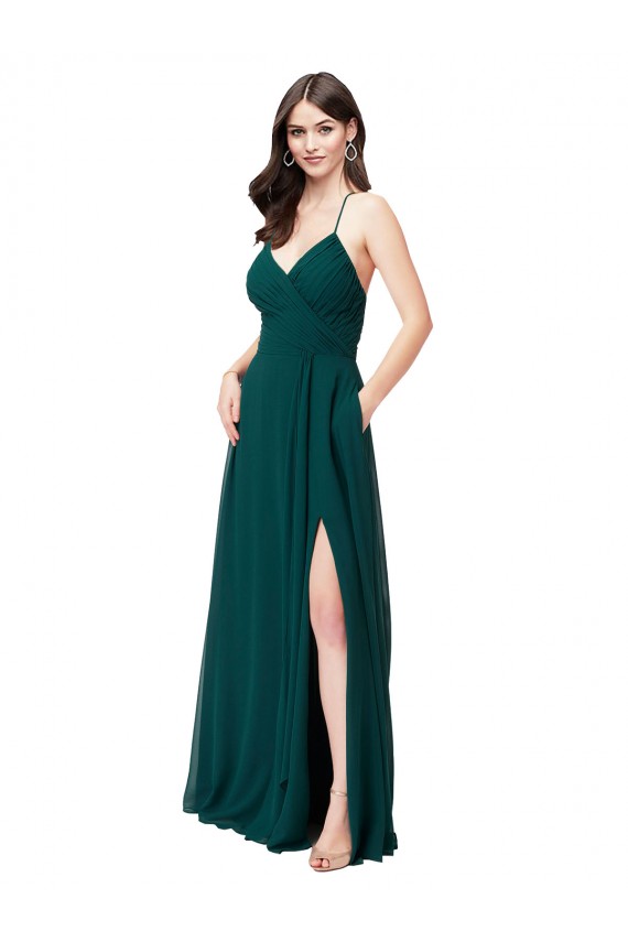 Acquista Cacciatore verde Linea A Scollatura a V Chiffona Lunga Abiti da damigella donore