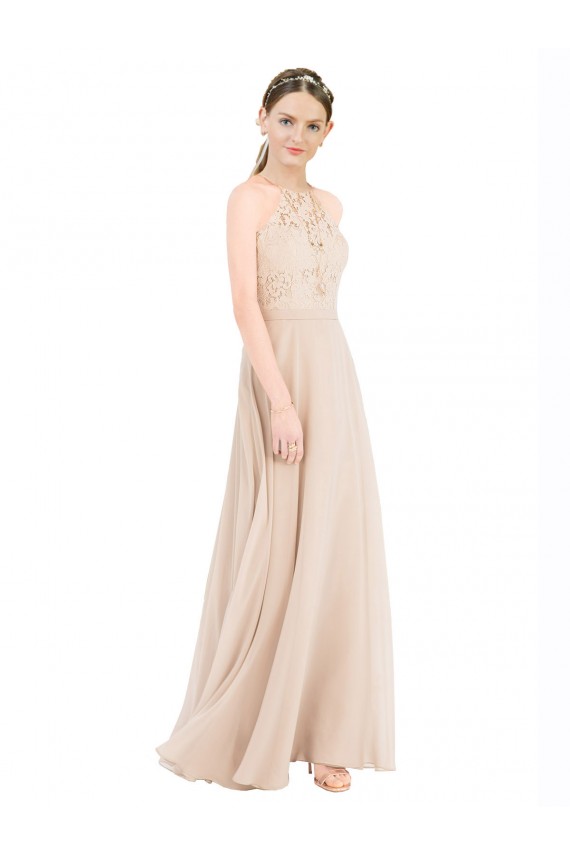 Acquista Champagne Linea A Capestro Alto Collo Chiffona Pizzo Lunga Abiti da damigella donore / Abiti da ballo