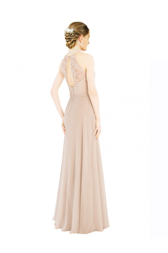 Acquista Champagne Linea A Capestro Alto Collo Chiffona Pizzo Lunga Abiti da damigella donore / Abiti da ballo