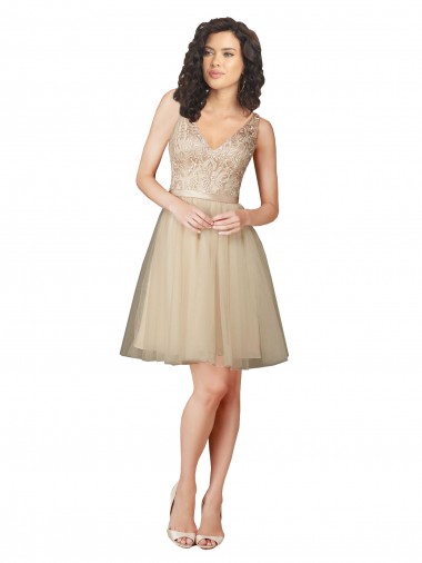 Acquista Champagne Linea A Scollatura a V Al ginocchio Tulle Pizzo Corto Abiti da damigella donore