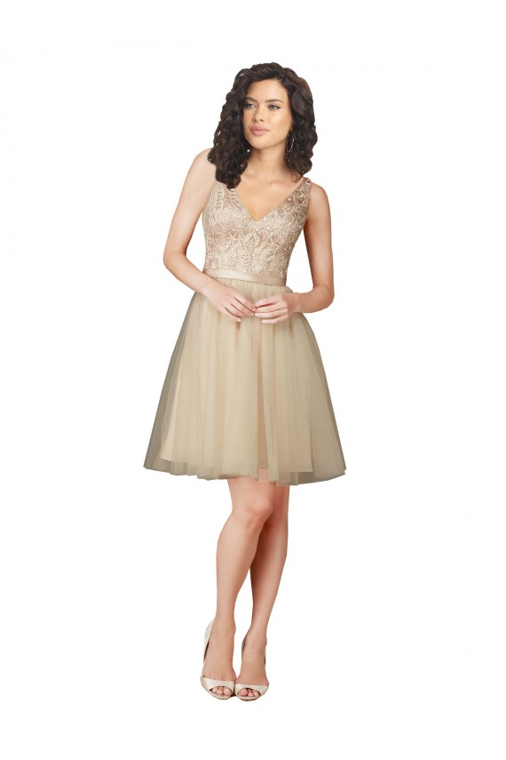 Acquista Champagne Linea A Scollatura a V Al ginocchio Tulle Pizzo Corto Abiti da damigella donore